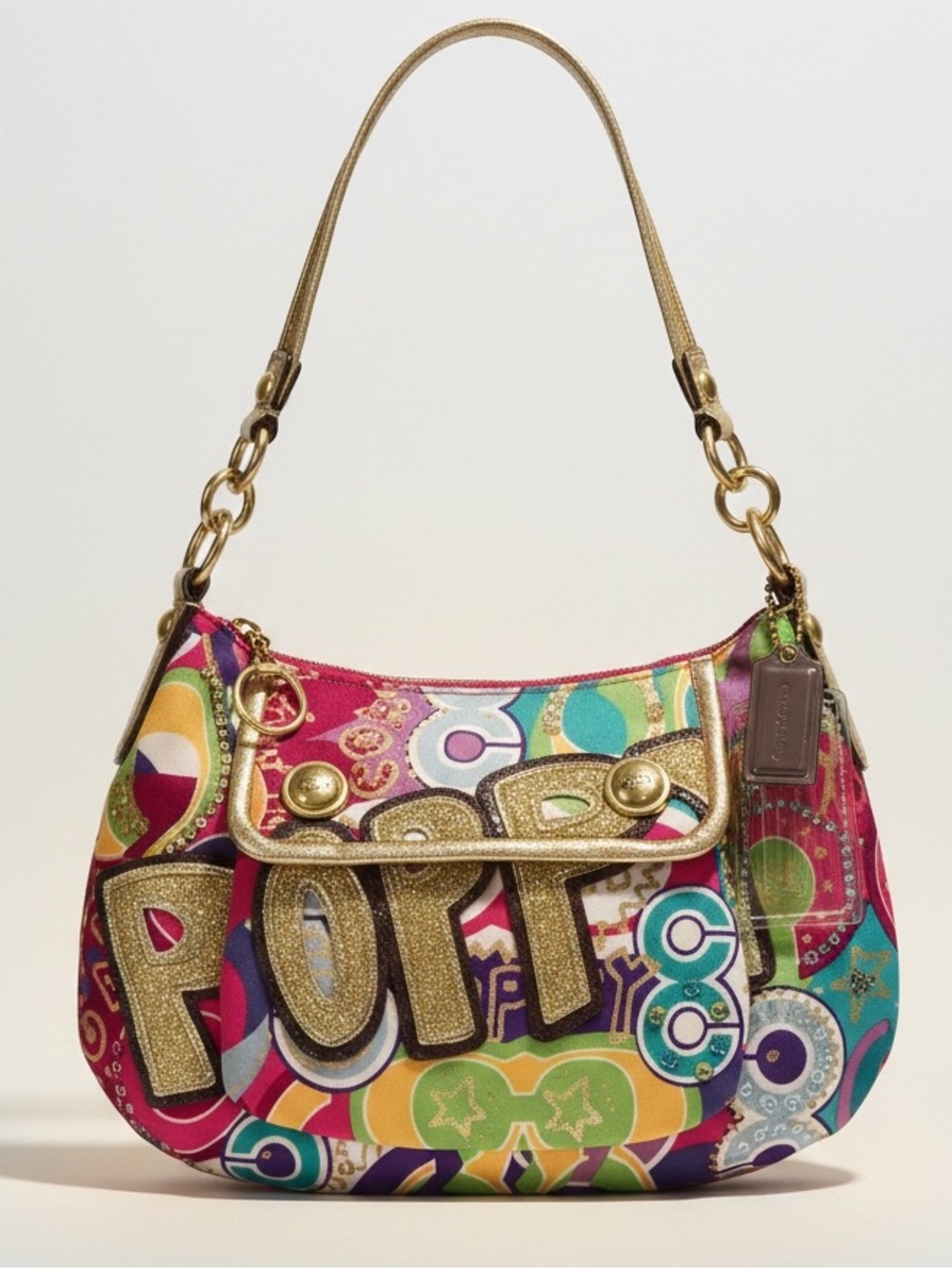 Coach Vintage Poppy Graffiti PopArt Shoulder Bag Metallic Sequins Crossbody Gold